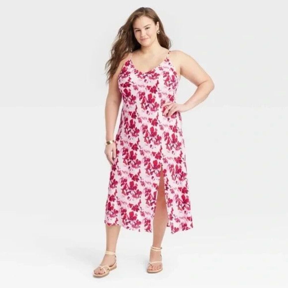 A New Day Red/Pink Floral Slip Dress w/Slit Sz XXL Romantic